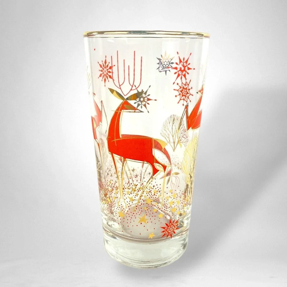 Libbey Mid Century Christmas Deer Highball Glasses SET of 6 with 22k Gold Rim